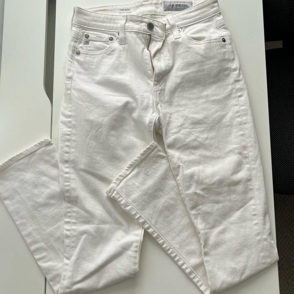 New AG white jeans in high-rise straight fit (style: The Mari).